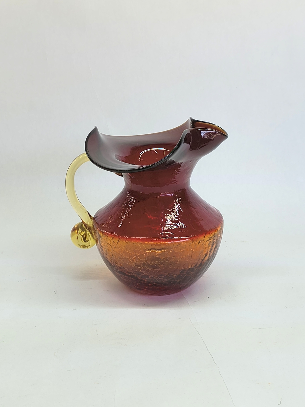 VINTAGE Blenko Hand blown Amberina Crackle Glass Pitcher Vase Amber Red 6 In